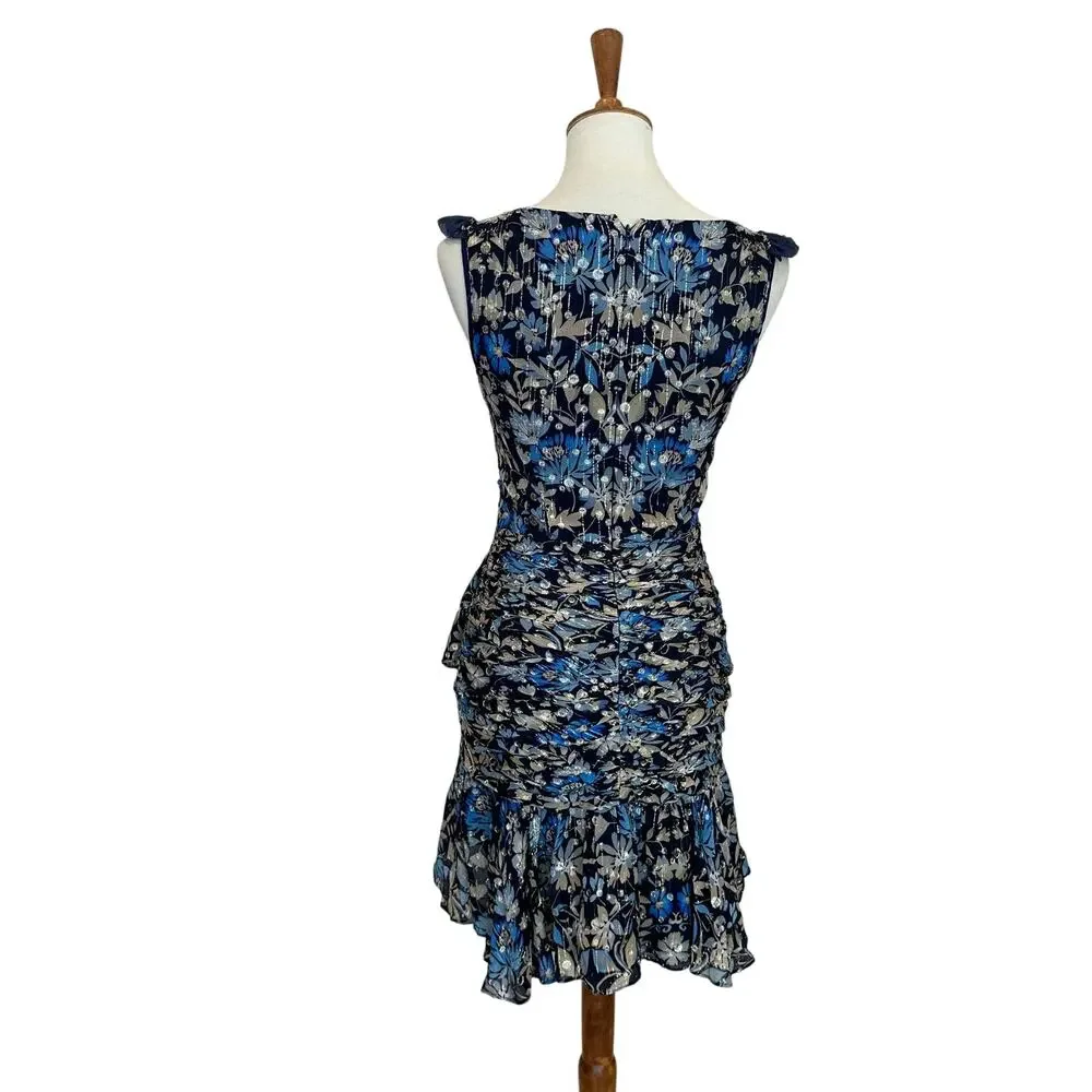 ML Monique Lhuiller Blue Floral Flounce Ruffle Mini Dress Size 4 Chiffon $545 - Picture 6 of 7